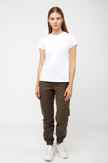 Girl in beige cargo pants and white tshirt