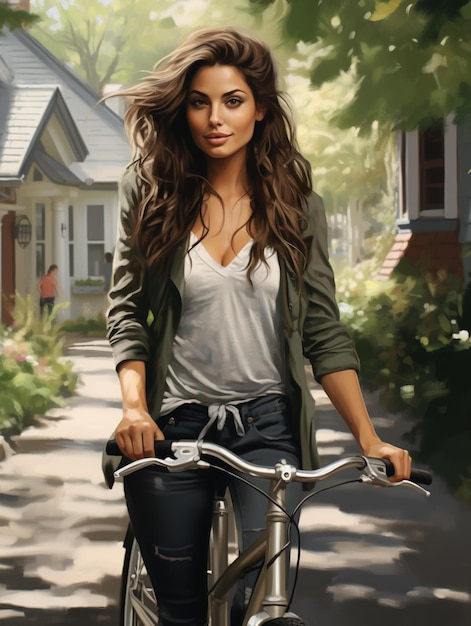 A girl on a bicycle with a green sweater.