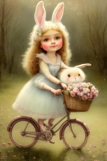 A girl on a bike with a basket of flowers on it