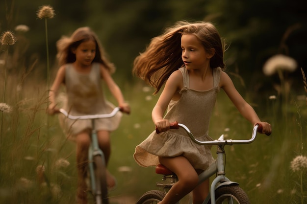 妹を後ろに乗せて自転車に乗る女の子