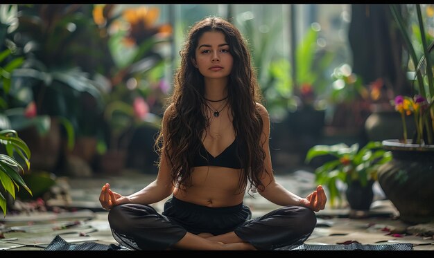 a girl in a bikini sits in a yoga pose