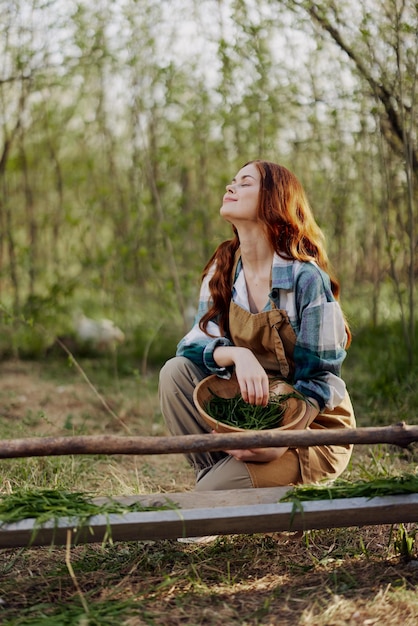 Girl bird farm worker smiles and is happy pouring food into the feeder for the chickens outdoors