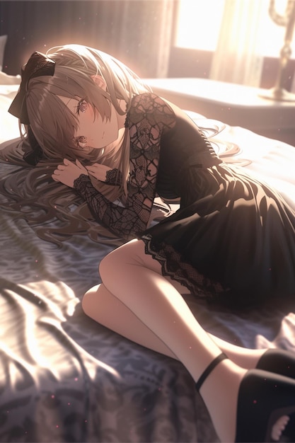 A girl in a black dress is laying on a bed