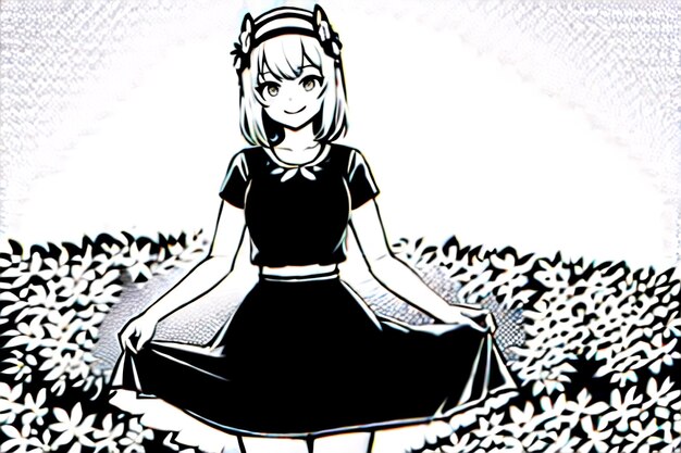 A girl in a black dress is standing in a field of leaves.