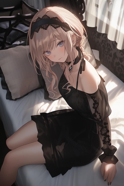 A girl in black dress sits on a bed with a pillow.