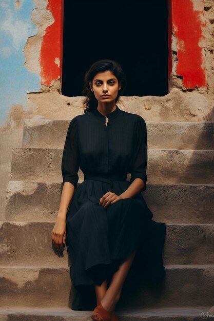 Photo girl in black dress sits on steps