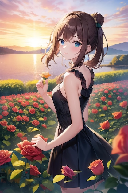 A girl in a black dress stands in a field of flowers.