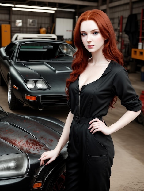 A girl in a black dress stands in front of a black car that says'i love my car '