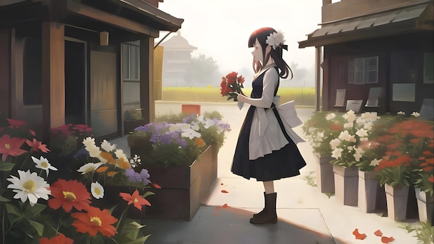 A girl in a black dress stands in front of a flower garden