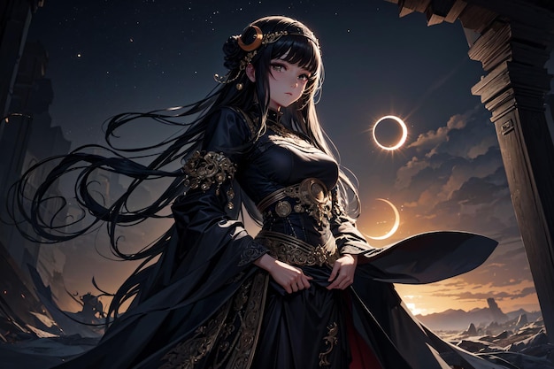 A girl in a black dress stands in front of a moon and the sun is visible.