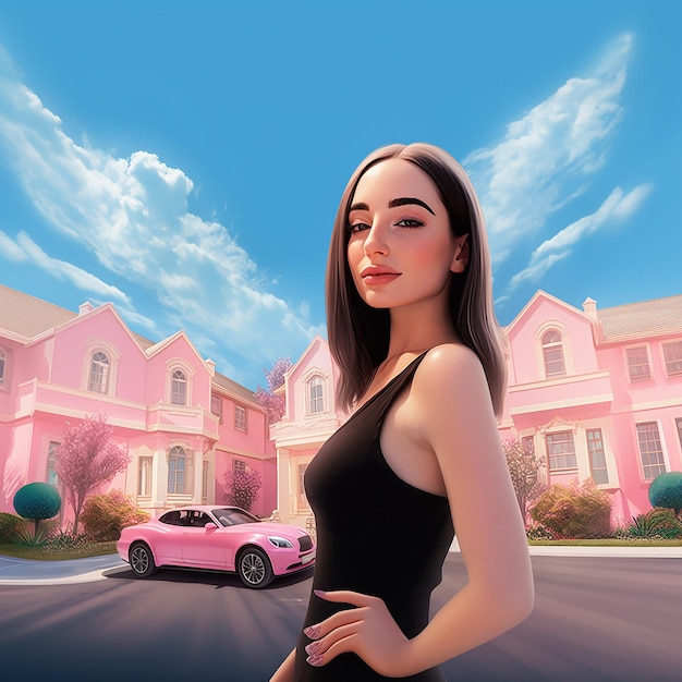 a girl in a black dress stands in front of a pink house.