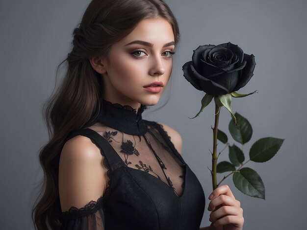 A girl in a black dress stands with a black rose beside her