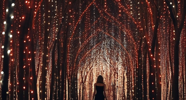 Foto una ragazza con un vestito nero cammina attraverso un tunnel di luci