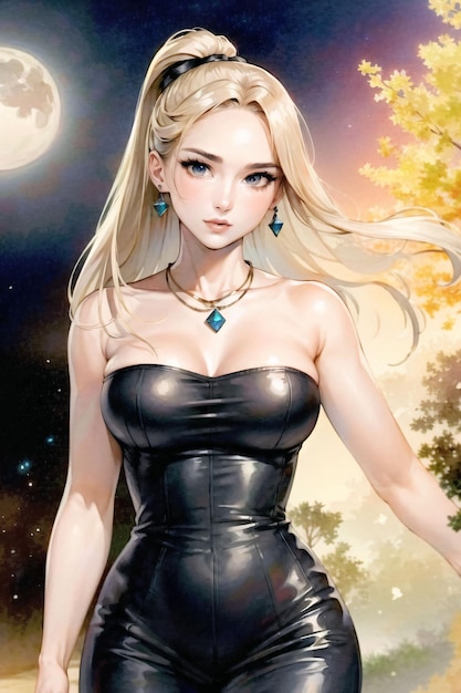 A girl in a black dress with a blue pendant.