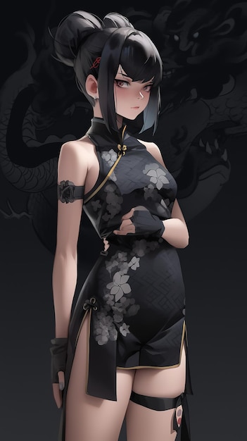 A girl in a black dress with a dragon on the front.