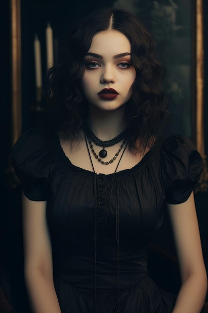 A girl in a black dress with red lipstick and a necklace.