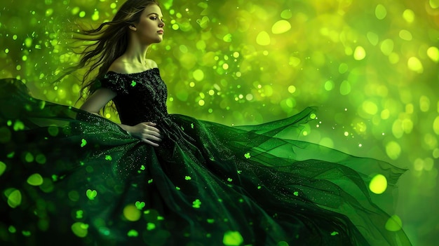 黒と緑のドレスを着た女の子聖パトリック緑の背景のボケ味