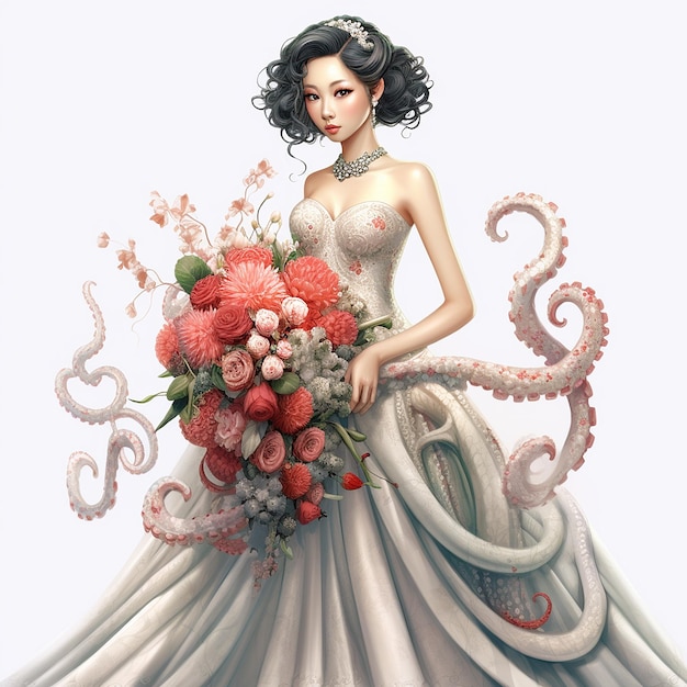 Girl black hair white wedding octopus dress Generative AI