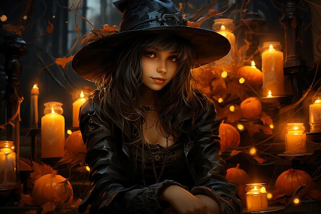 a girl in a black hat sits in front of a pumpkin with a pumpkin in the background.