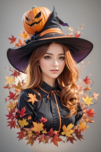 a girl in a black hat with a pumpkin on her hat.