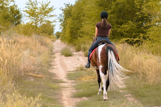 Una ragazza con un casco nero, pantaloni scuri e una maglietta marrone con una frusta da dressage in mano cavalca un pinto su una strada forestale. foto verticale dal retro