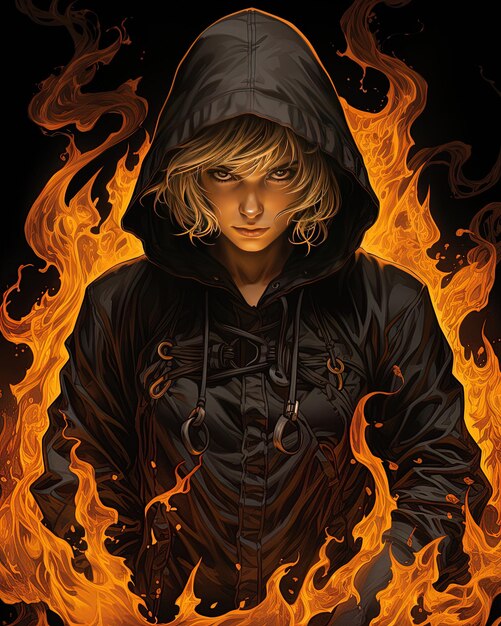 Photo a girl in a black hoodie with flames and a fire