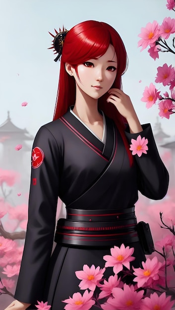 A girl in a black kimono with a red tail and a red tail.