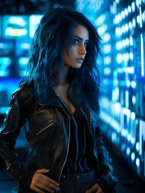 a girl in a black leather jacket stands in front of a wall with a blue light.