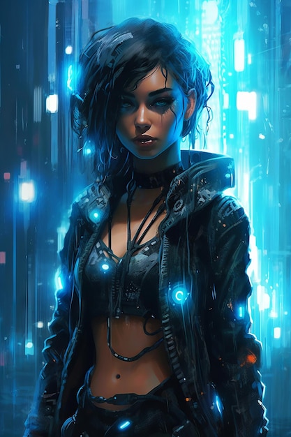 A girl in a black leather jacket with a neon light on her face