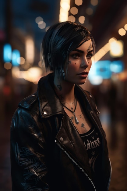 Girl in a black leather jacket with the word cyberpunk on the front