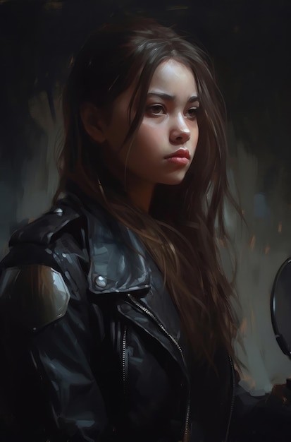 A girl in a black leather jacket with the word fire on it