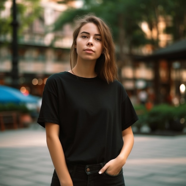 A girl in a black shirt stands in a field of grass and looks at the camera