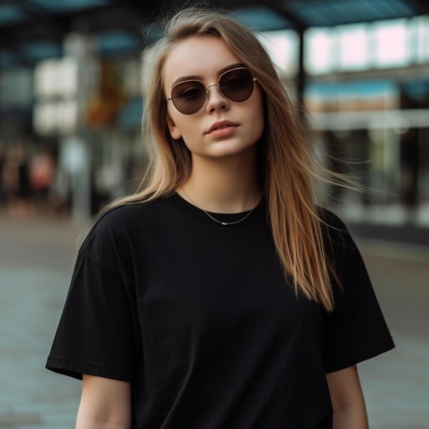 A girl in a black shirt and sunglasses stands in front of a building.