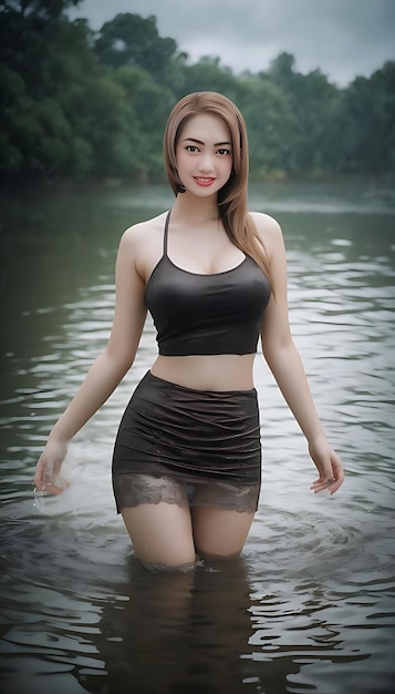 A girl in a black skirt is standing in water