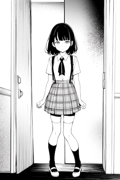 A girl in a black skirt stands in front of a door.