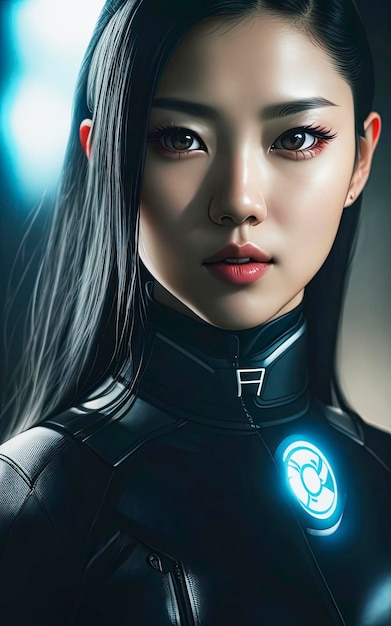 A girl in a black suit with a blue light on her chest