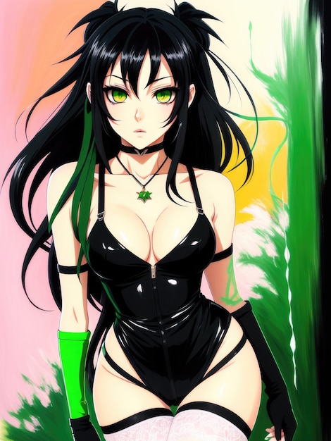 A girl in a black swimsuit with green eyes and a green necklace.