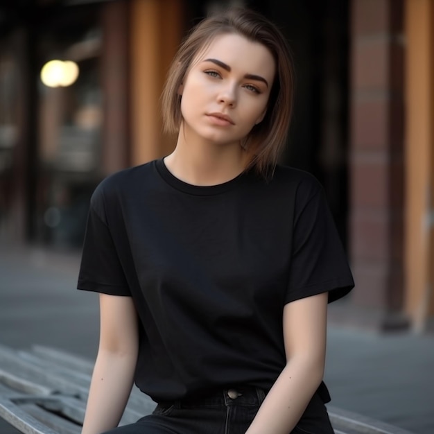 A girl in a black t - shirt sits on a bench