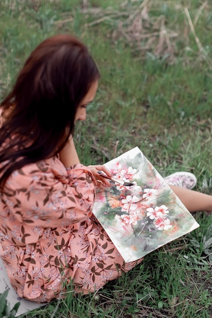 A girl in a blooming peach orchard is resting under a tree sitting and drawing