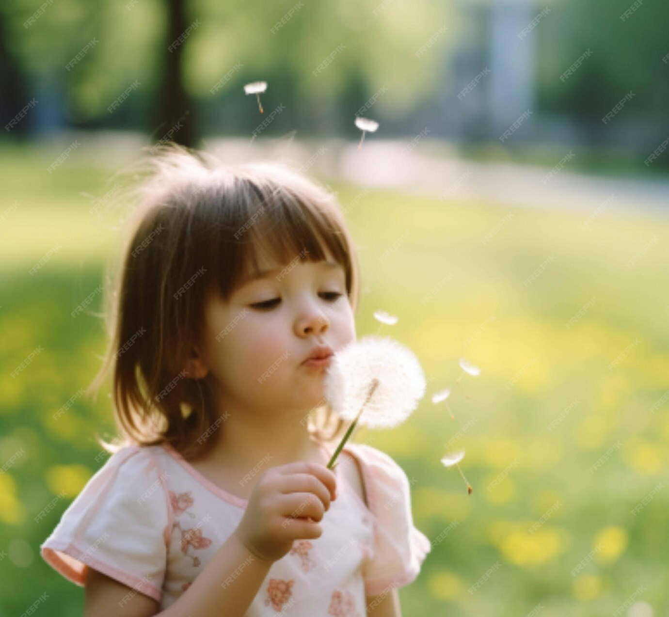 Premium Photo A girl blowing a dandelion in a field of yellow flowers.