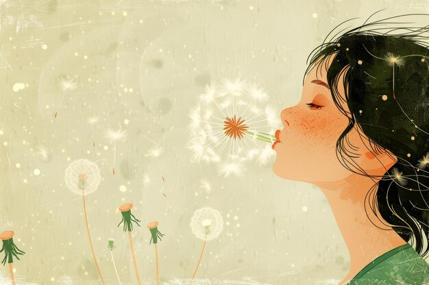 A girl blowing dandelion seeds in the wind