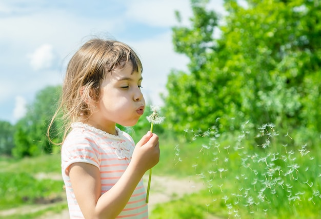 Girl blowing dandelions in the air. selective focus.