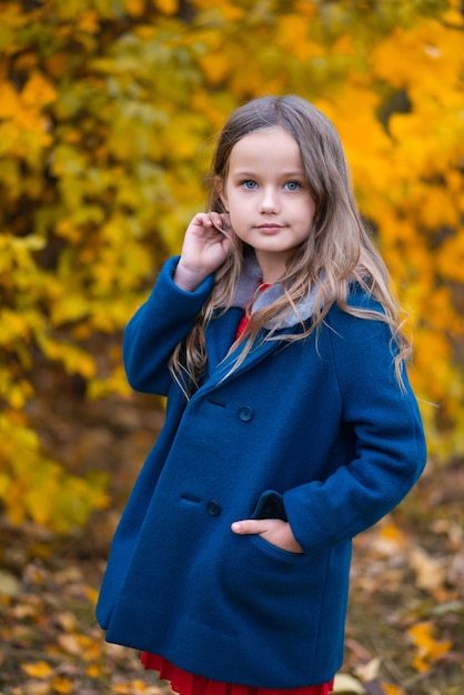 A girl in a blue coat and blue eyes in an autumn park Indian summer