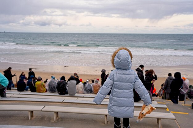 A girl in a blue coat stands on a beach looking at the ocean.