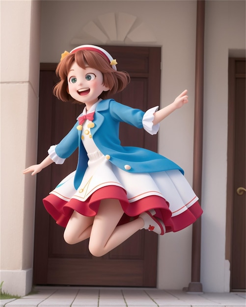 a girl in a blue dress is jumping in front of a door.