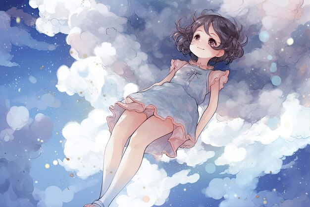 A girl in a blue dress is lying on a cloud