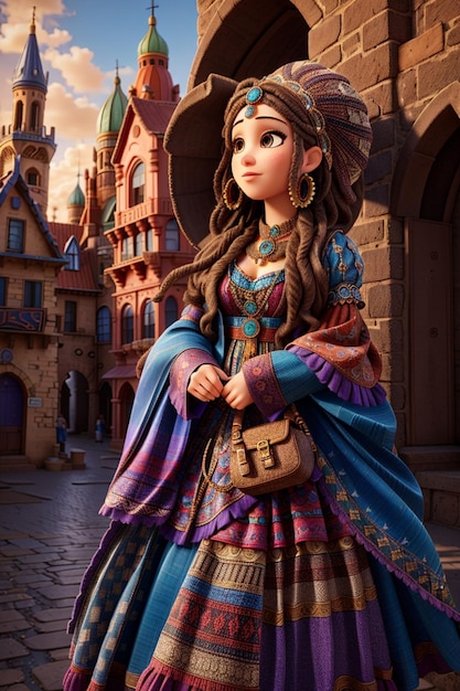 青いドレスを着た女の子が城の前に立っています。