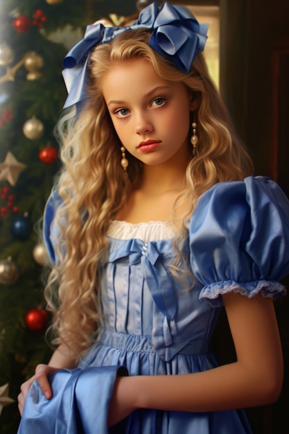 A girl in a blue dress is standing in front of a christmas tree.
