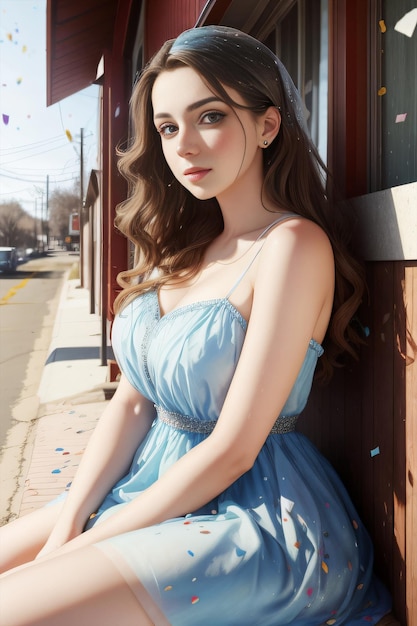 A girl in a blue dress sits on a sidewalk in front of a street