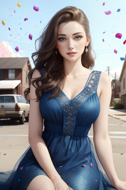 A girl in a blue dress sits on a street